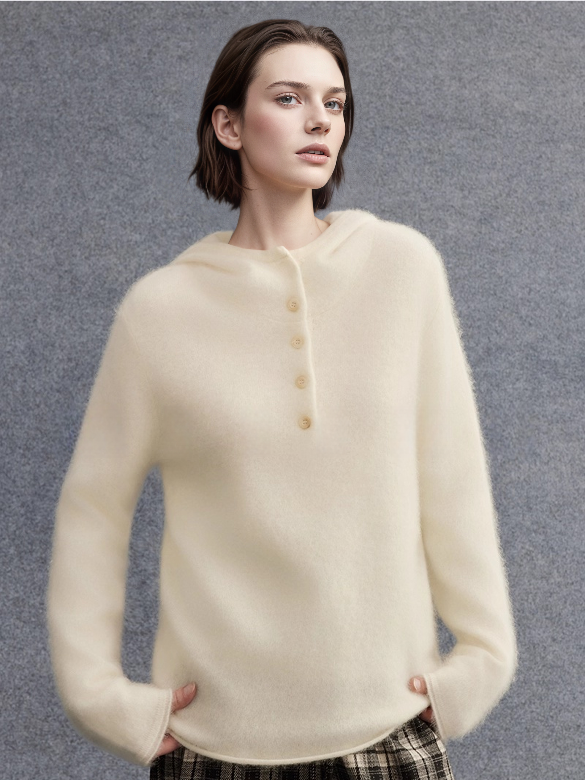 Cashmere Wool Brushed Hoodie Sweater | Henley-Neck Relaxed Fit Soft Cloud-Knit Pullover