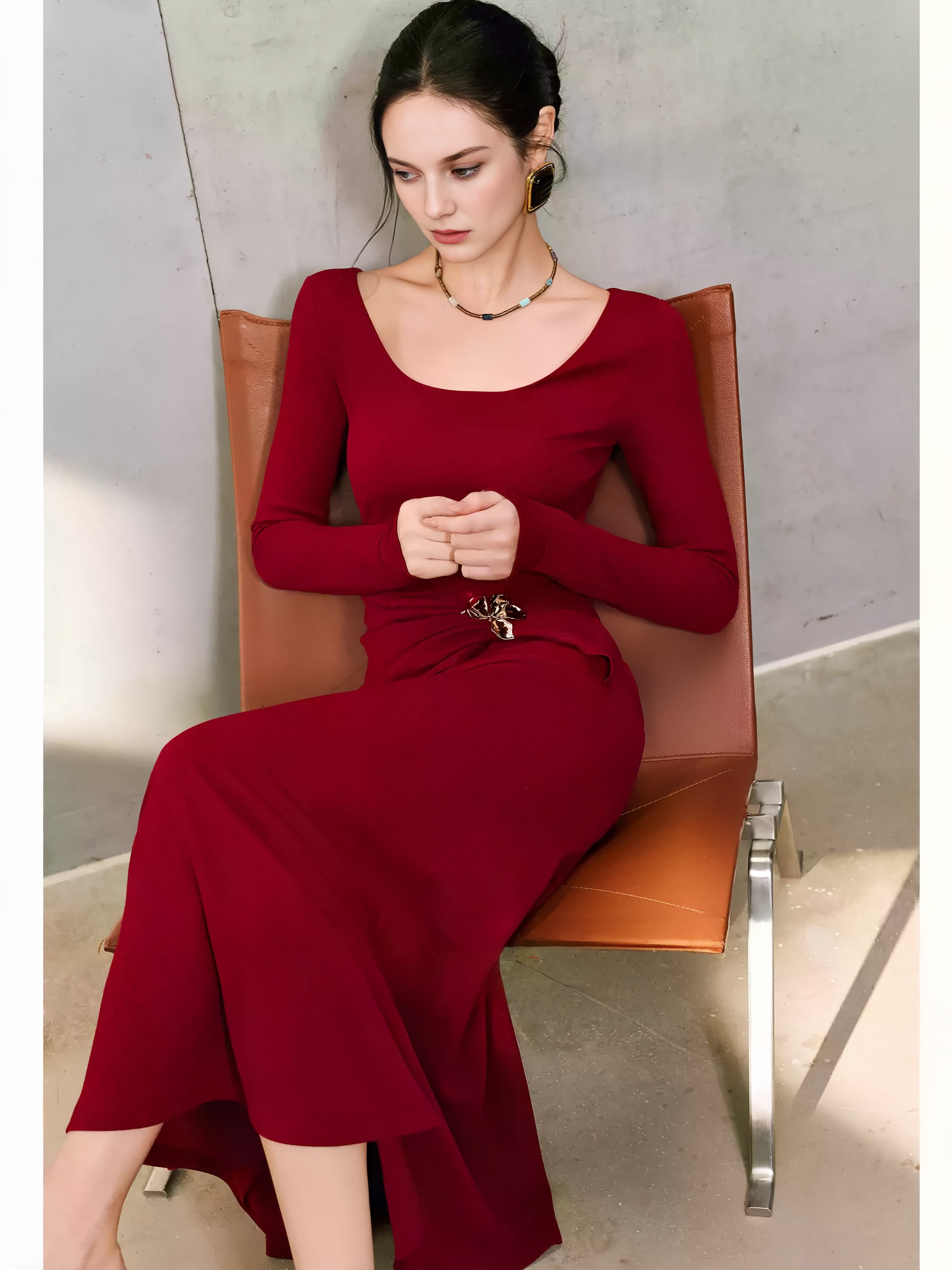 Shimmer Diamond-Twill A-Line Dress with Custom U-Neck and Metallic Pin Detai