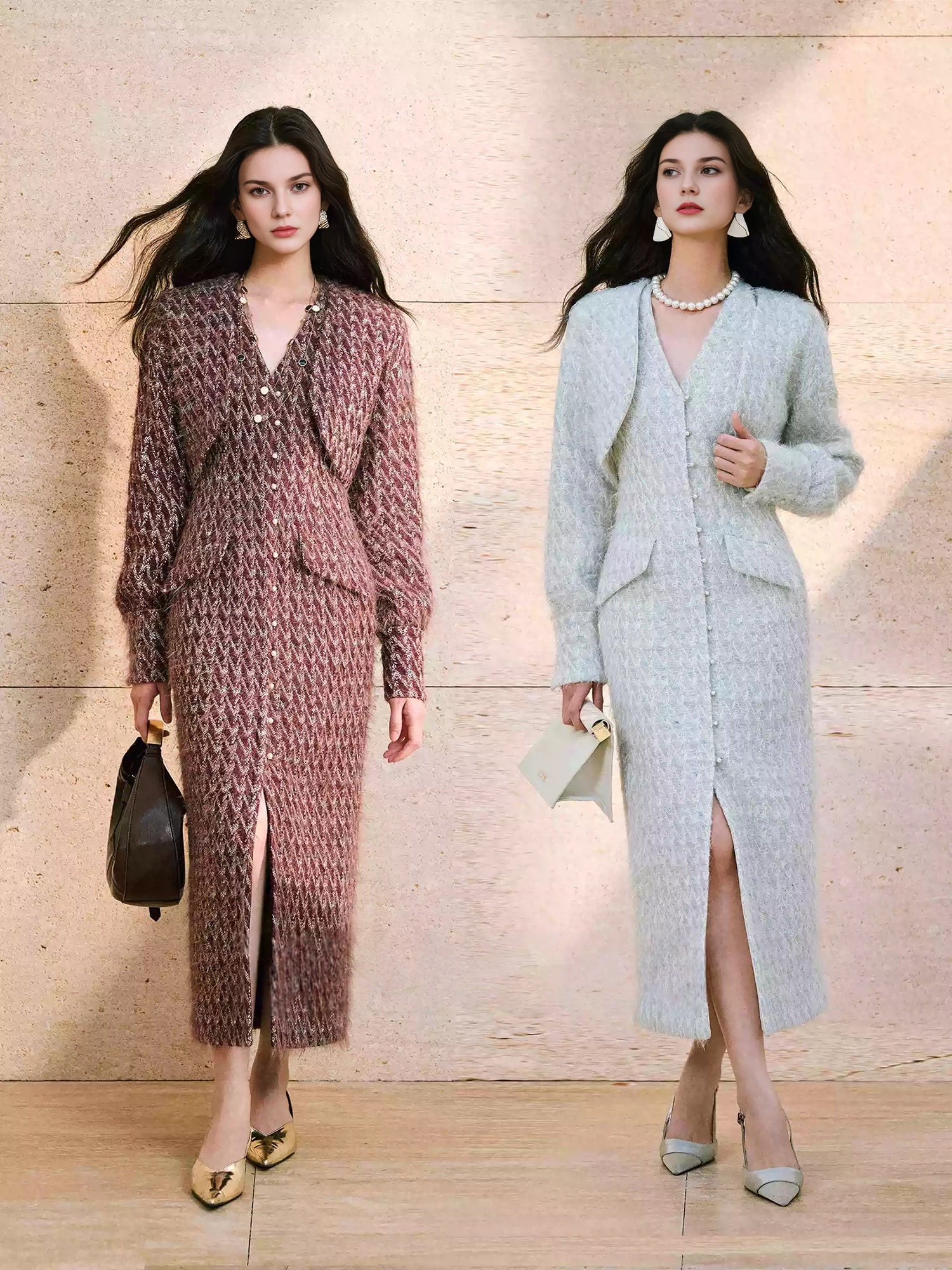 Luxury Wool Jacquard Tweed Set – Long-Hair Color-Yarn Bouclé Short Boxy Jacket & Halter Dress