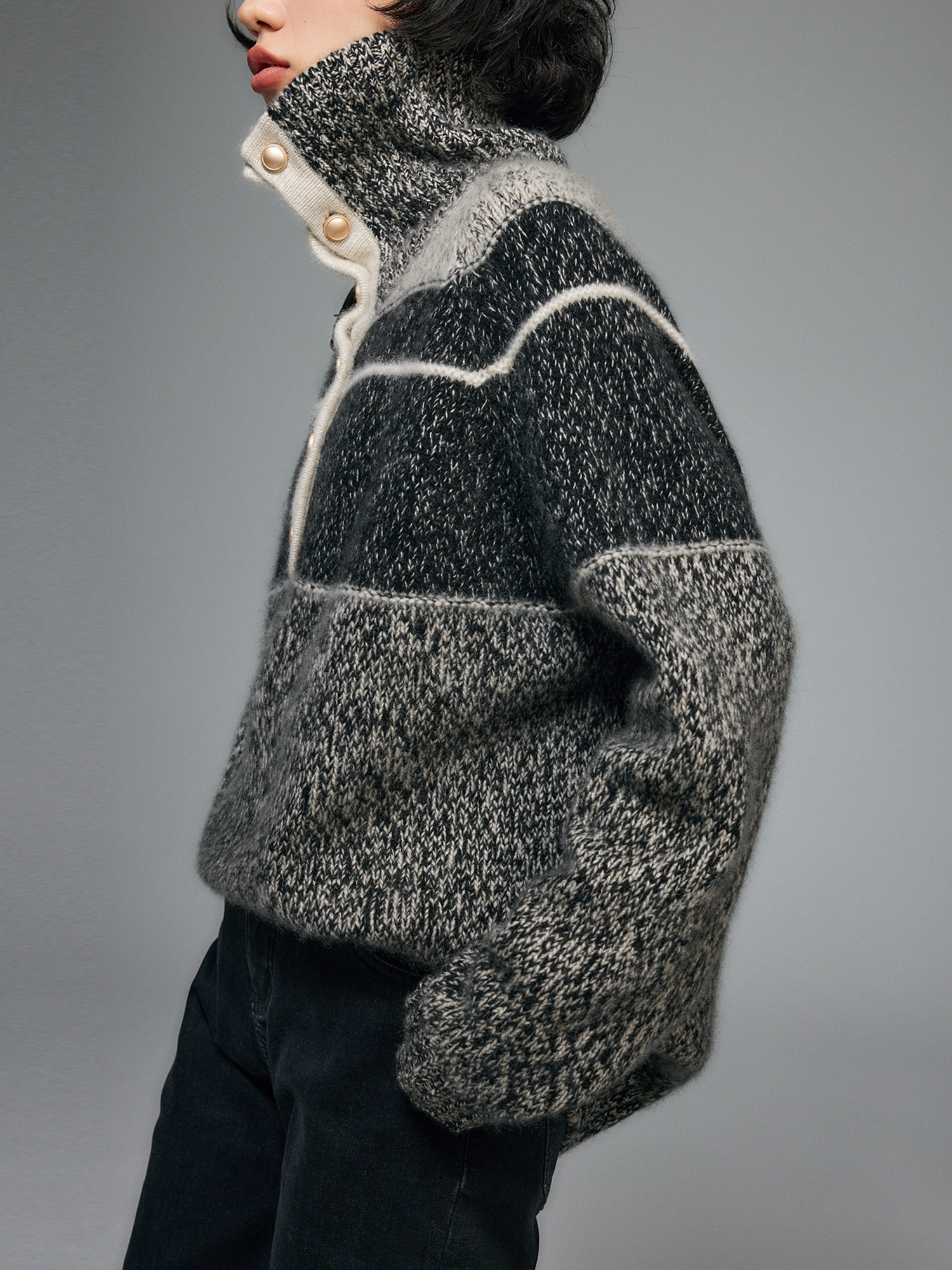 Pure Cashmere French-Style Collar Sweater – Premium Gray Contrast-Color Knit Top