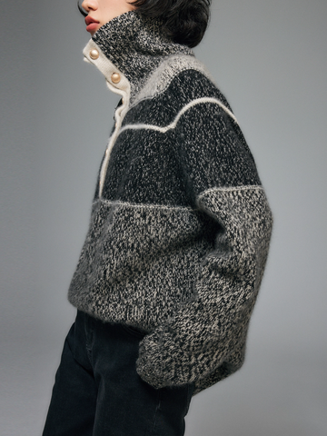 Pure Cashmere French-Style Collar Sweater – Premium Gray Contrast-Color Knit Top