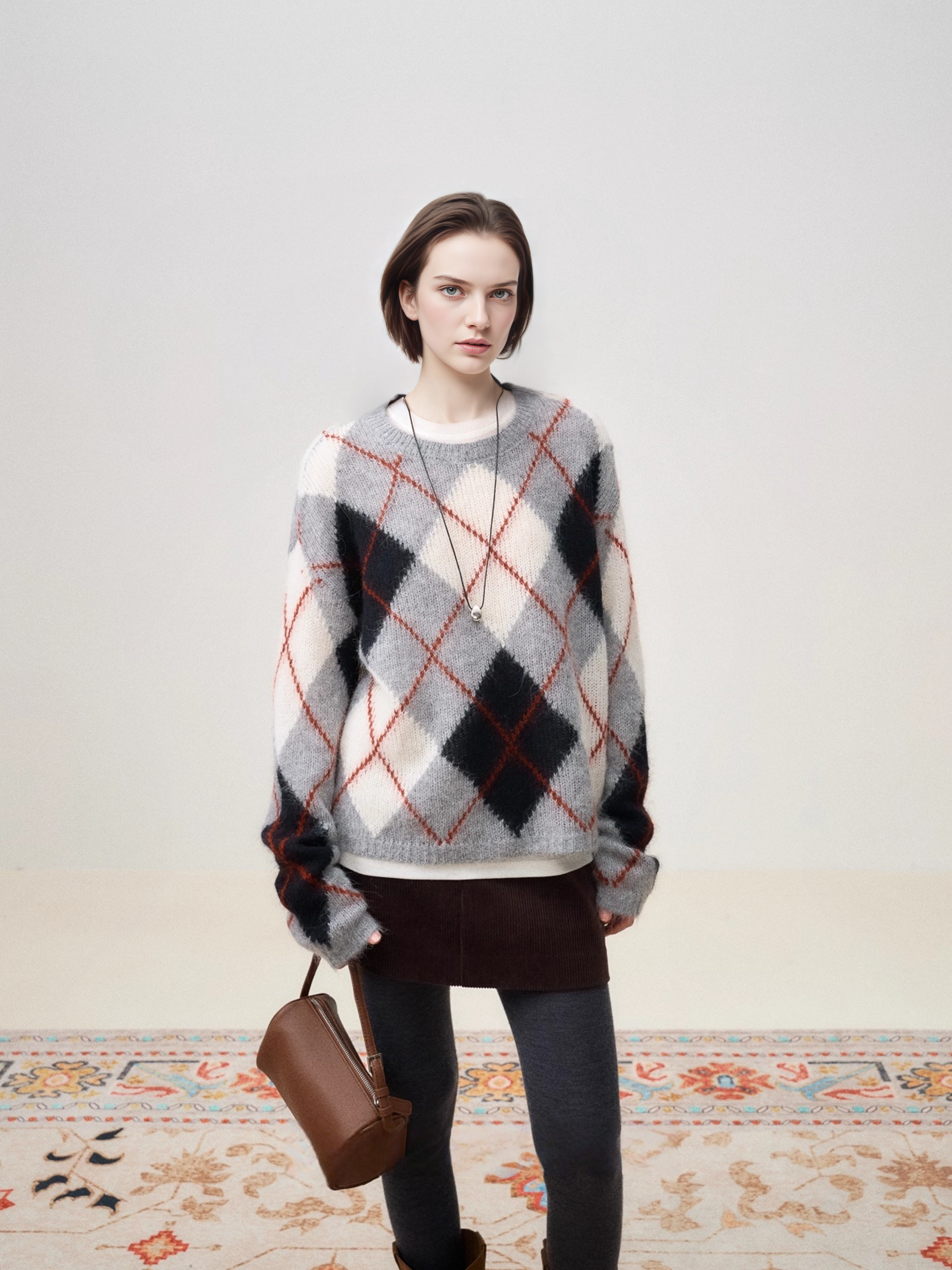 Peruvian Alpaca Wool Diamond-Pattern Pullover Sweater | Warm, Breathable Color-Contrast Knit