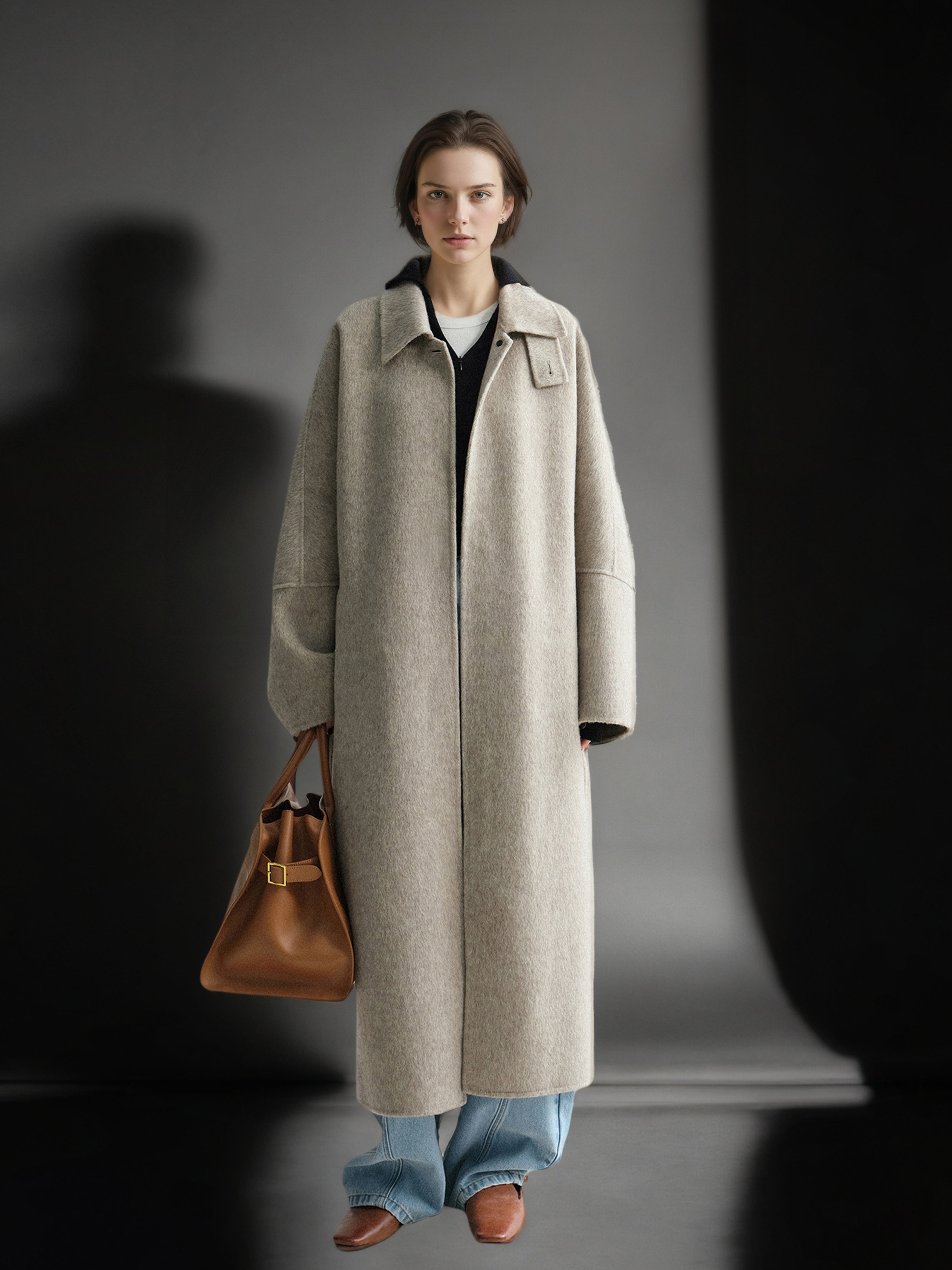 Tailored Wool, Camel & Yak Hair Coat with Complimentary Triangle Scarf – Old Money Style Double-Faced Wool Overcoat for Women Fall/Winter