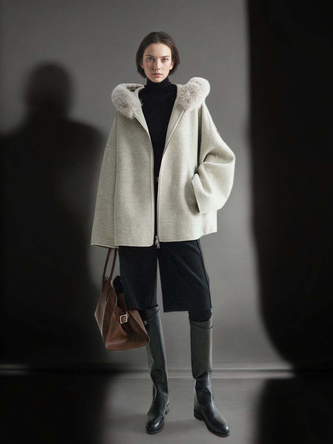 Wool Camel Hair Silk Detachable Fur Hood Cape - Women's Double-Faced Wool Coat