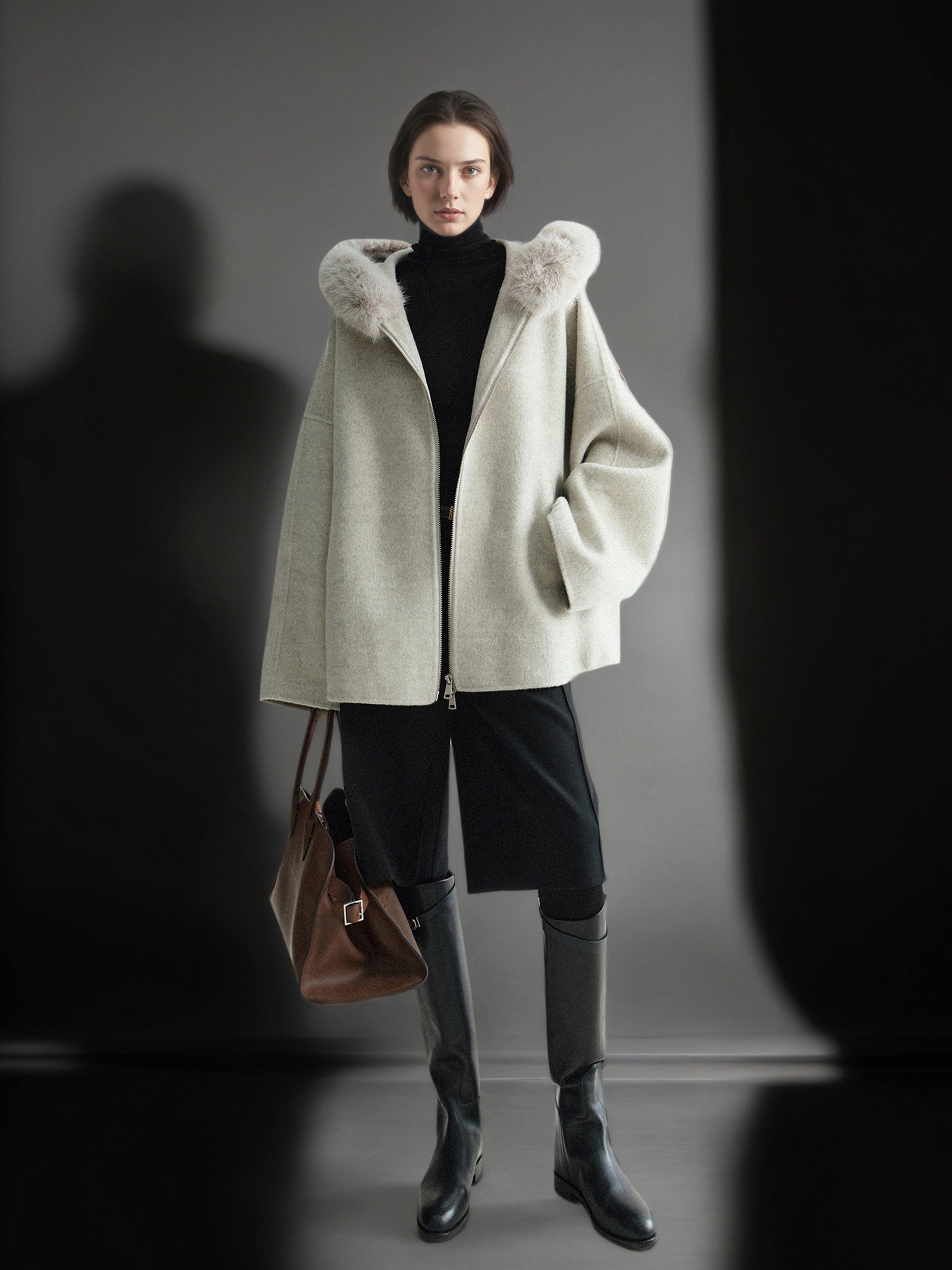 Wool Camel Hair Silk Detachable Fur Hood Cape - Women's Double-Faced Wool Coat