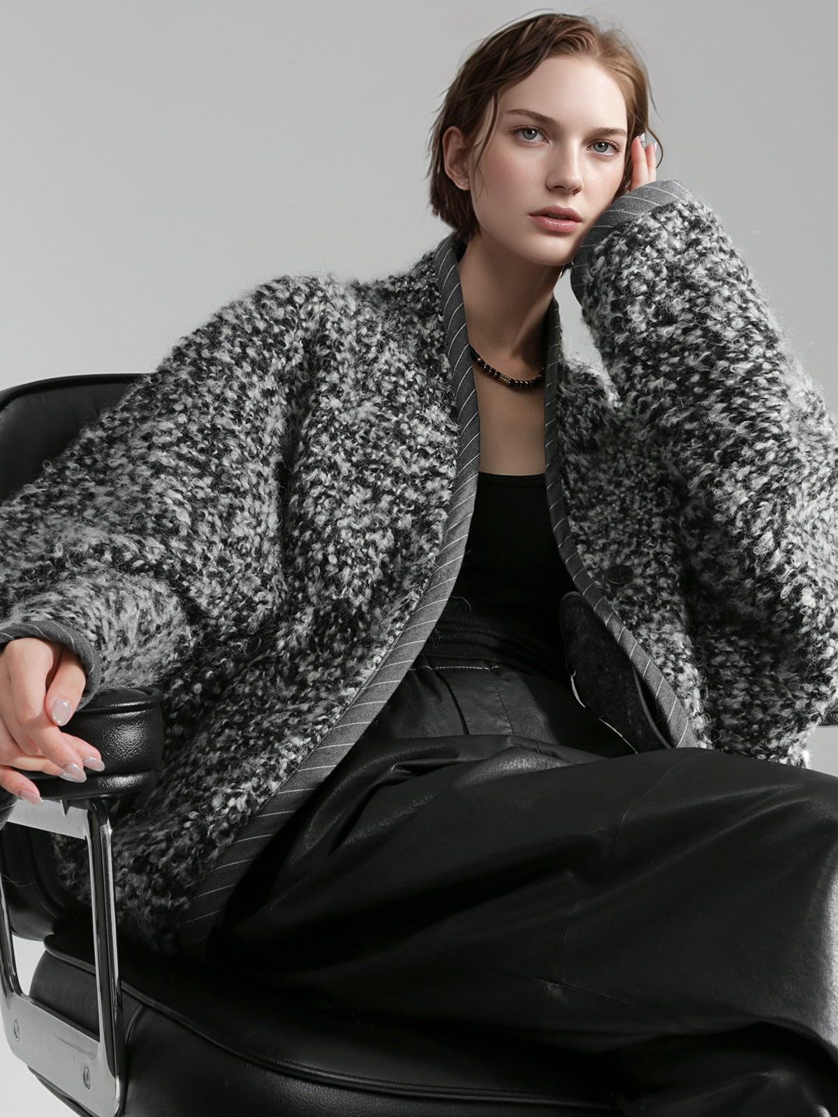 Old Money Style Batwing Sleeve Cardigan Coat for Women – Double-Faced Alpaca Wool Cape with Leather Trim and Speckled Dot Detail