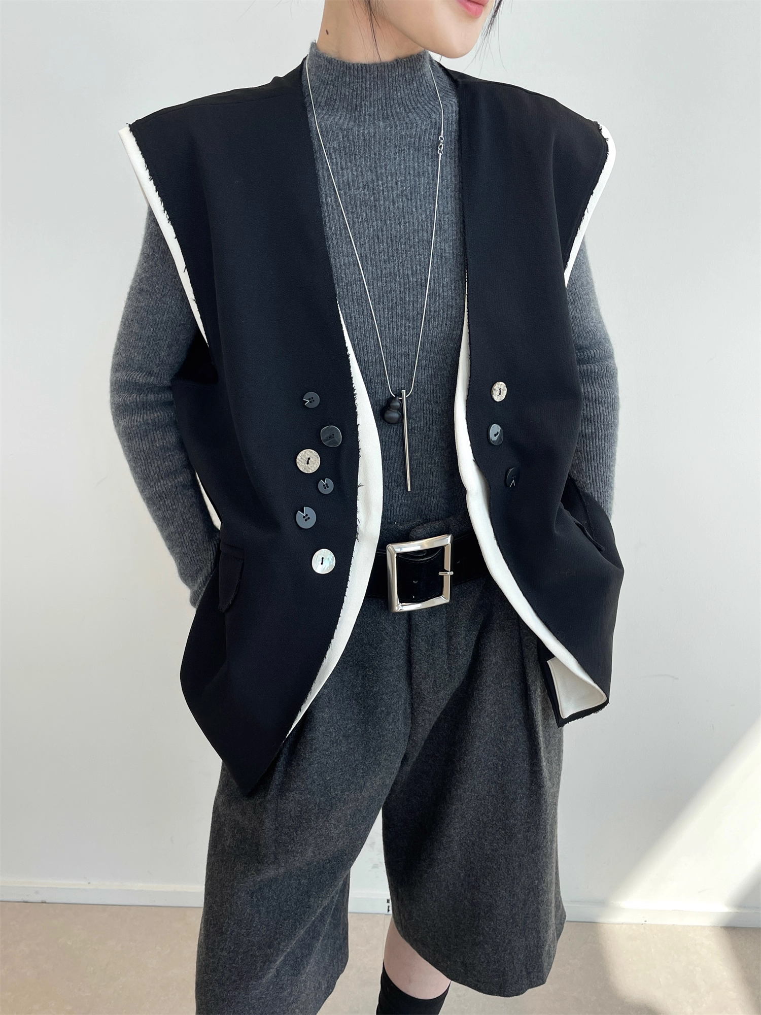 Two-Piece Style Blazer Vest for Women | Contrast Stitching Multi-Button Sleeveless Waistcoat