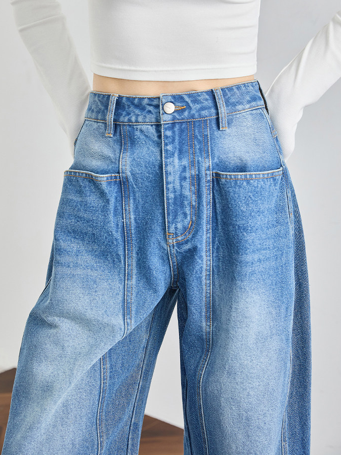 Women's High-Waist Extended Curved Seam Jeans – Loose Wide-Leg Scythe Pants for Tal