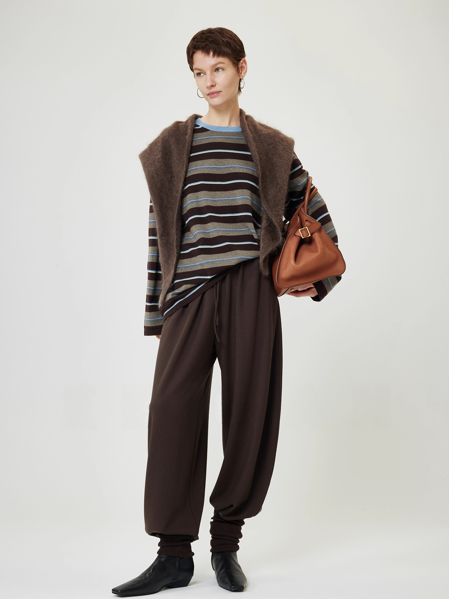 Washed Wool Striped Oversized Sweater for Women – Thick German-Style BIELLA Knit