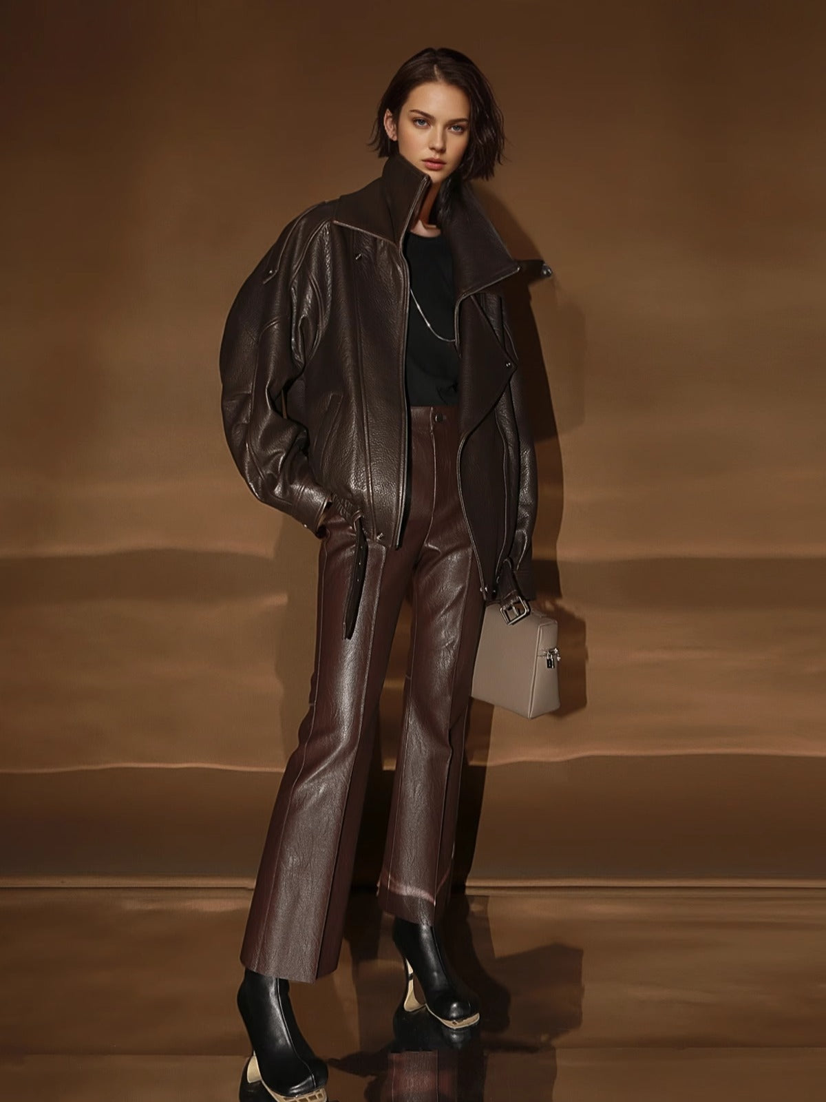 Vegetable-Tanned Goatskin Leather Jacket for Women – Double-Layer Genuine Leather Moto Coat for Fall Winter