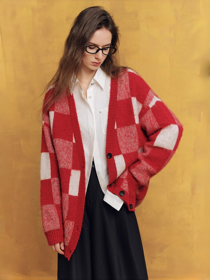 French-Style Wool Checkered Christmas Cardigan – New Cozy Loose-Fit Knit Sweater for Women