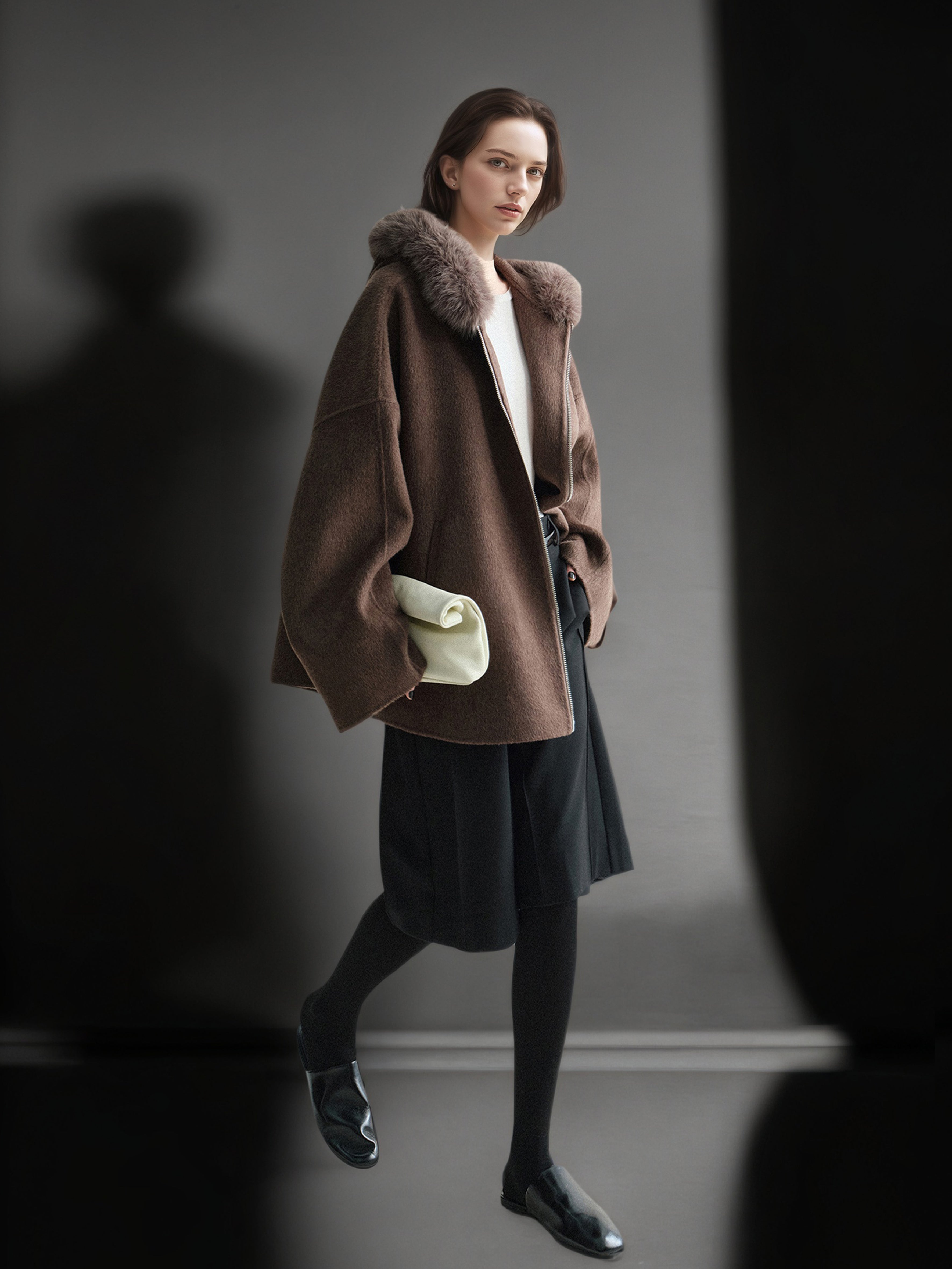 Wool Camel Hair Silk Detachable Fur Hood Cape - Women's Double-Faced Wool Coat