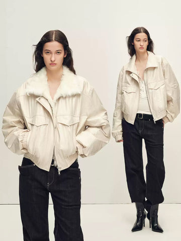 Detachable Shearling Collar 90% White Goose Down Parka – Winter Faux Fur Trim Coat for Women