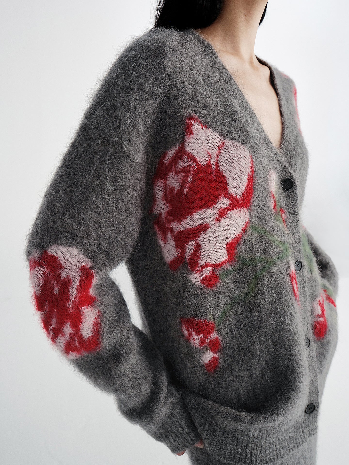 Luxury Alpaca Rose Jacquard Cardigan & Mermaid Skirt – Relaxed Fit (Sold Separately)