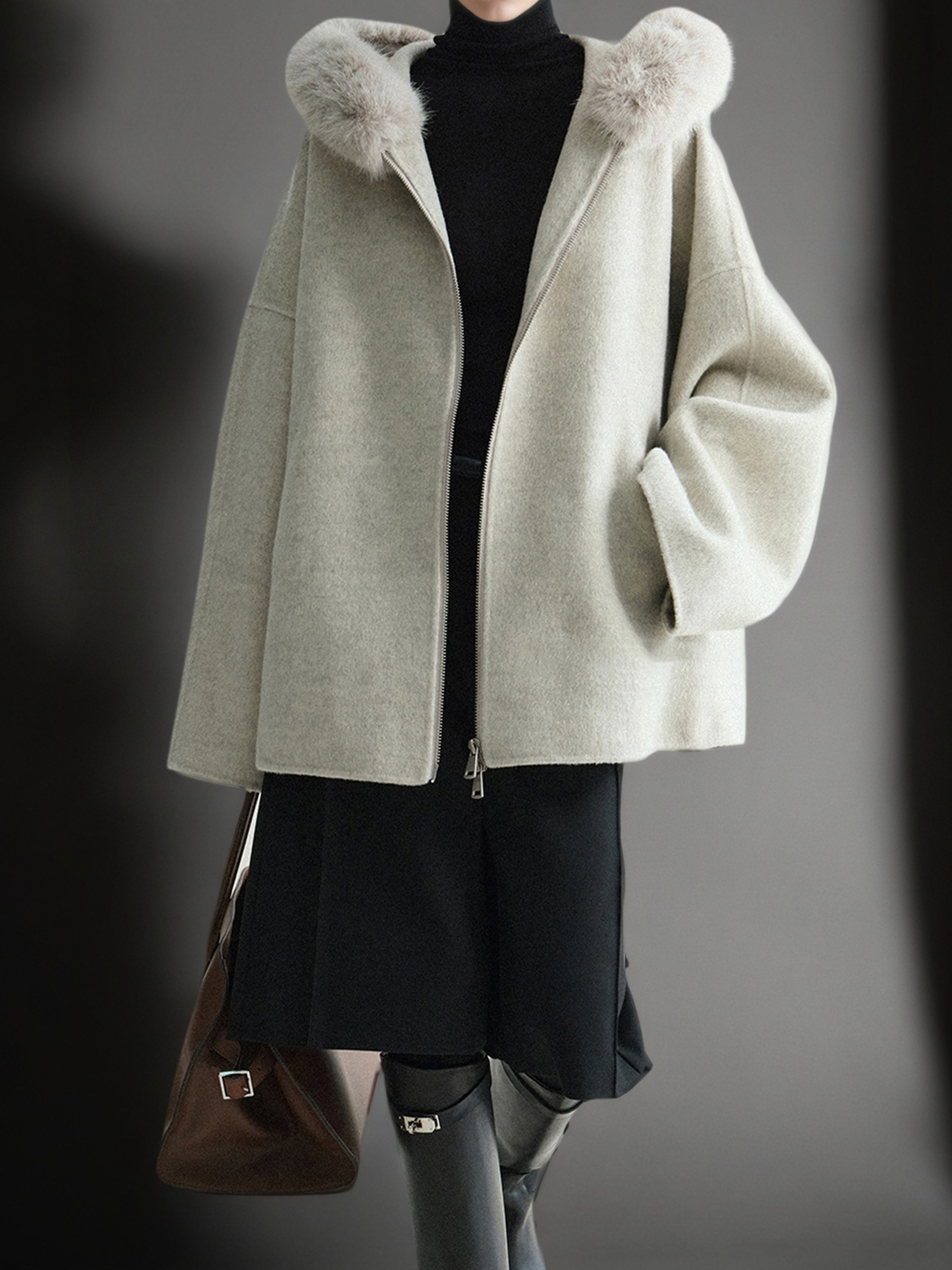 Wool Camel Hair Silk Detachable Fur Hood Cape - Women's Double-Faced Wool Coat