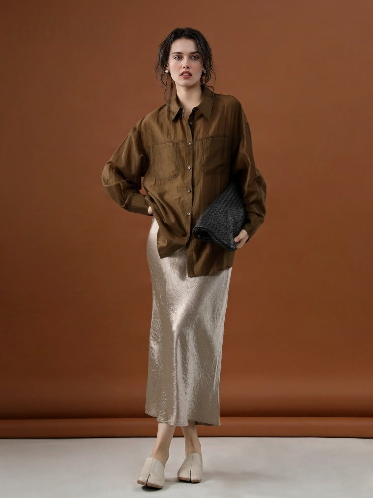 100% Acetate Pleated A-Line Midi Skirt – Slimming Fish Tail Design for Elegant Silhouette