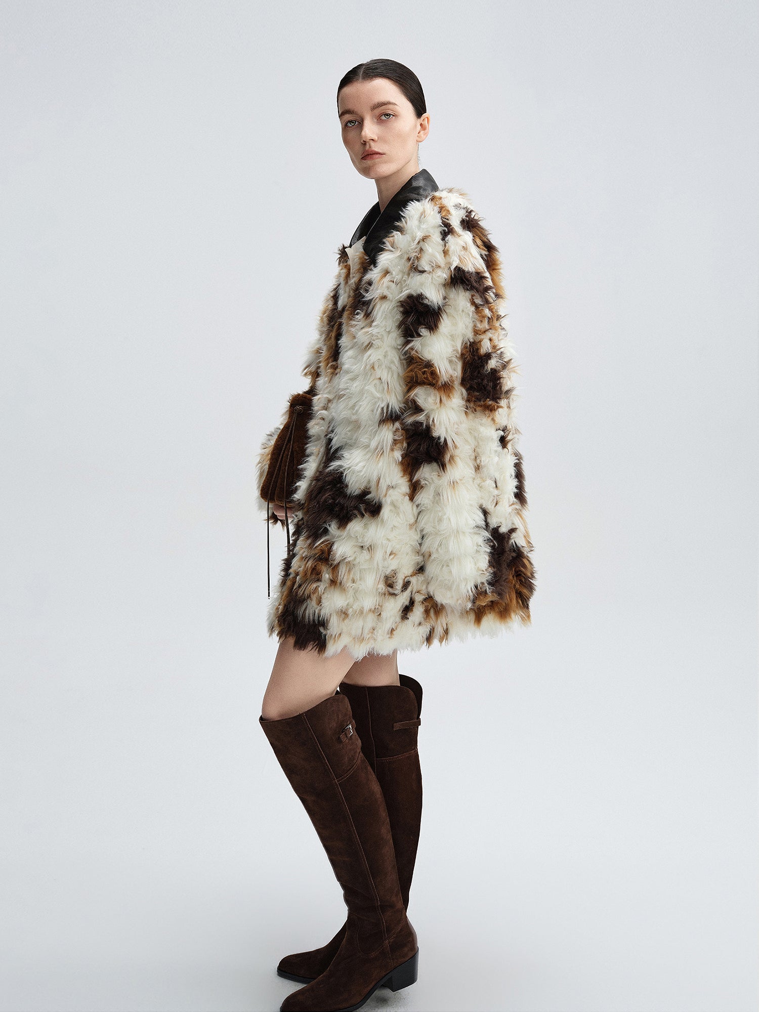 Cow-Pattern Faux Fur Coat for Women – Winter Colorblock Eco-Friendly Fur Jacket with Contrast Collar