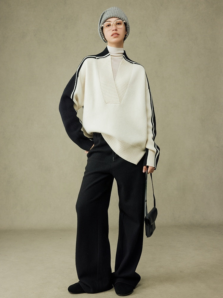 Black & White Color-Block V-Neck Wool Sweater | Oversized Relaxed Fit | Cozy Winter Knit for Women