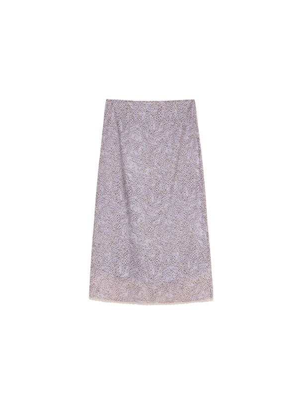 100% Silk Midi Skirt – Light Grey Purple Leopard Floral Print with Lace Hem, Straight Fit