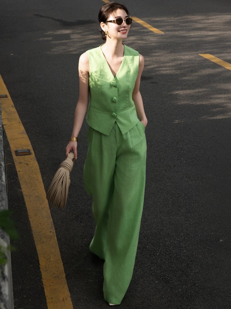 Women’s Linen Two-Piece Set – Rose Button Vest Top & Wide-Leg Pants, Casual Old Money Style