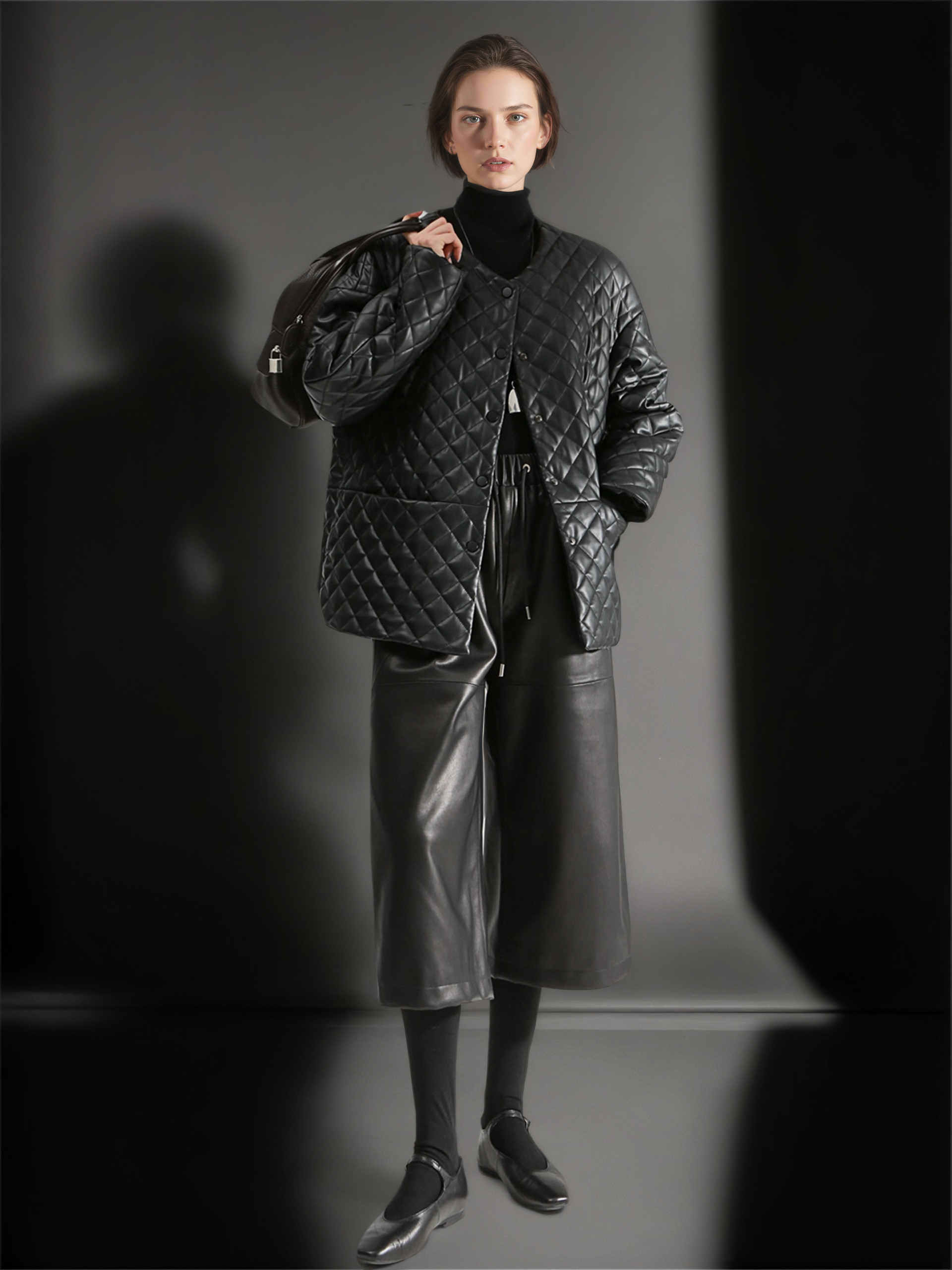 Women’s Genuine Sheepskin Culottes | Cropped Wide-Leg Leather Pants with Elastic Waist, Casual Office Style