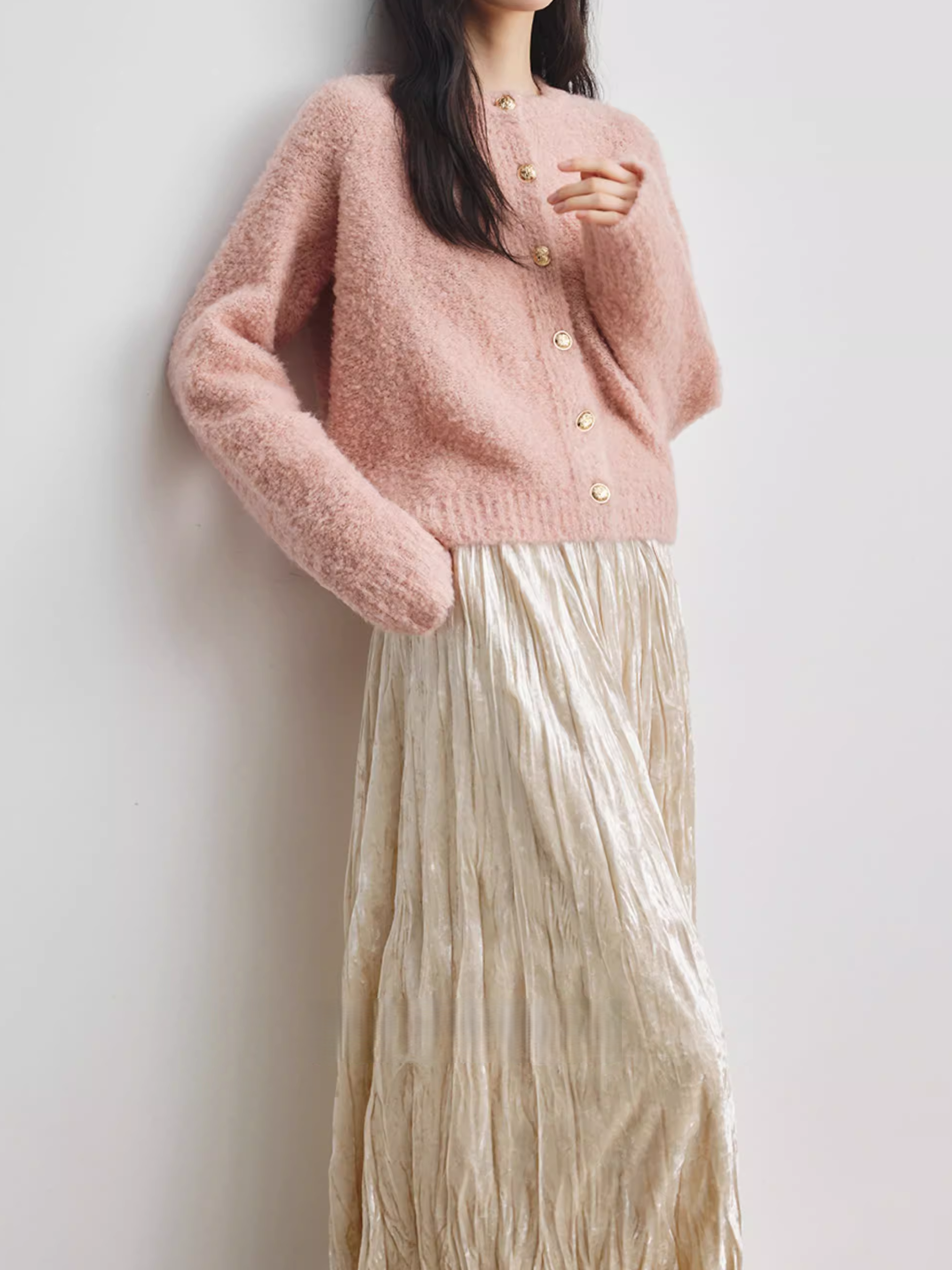 Champagne Velvet Pleated Skirt for Women — High-Waist Long A-Line Winter Skirt