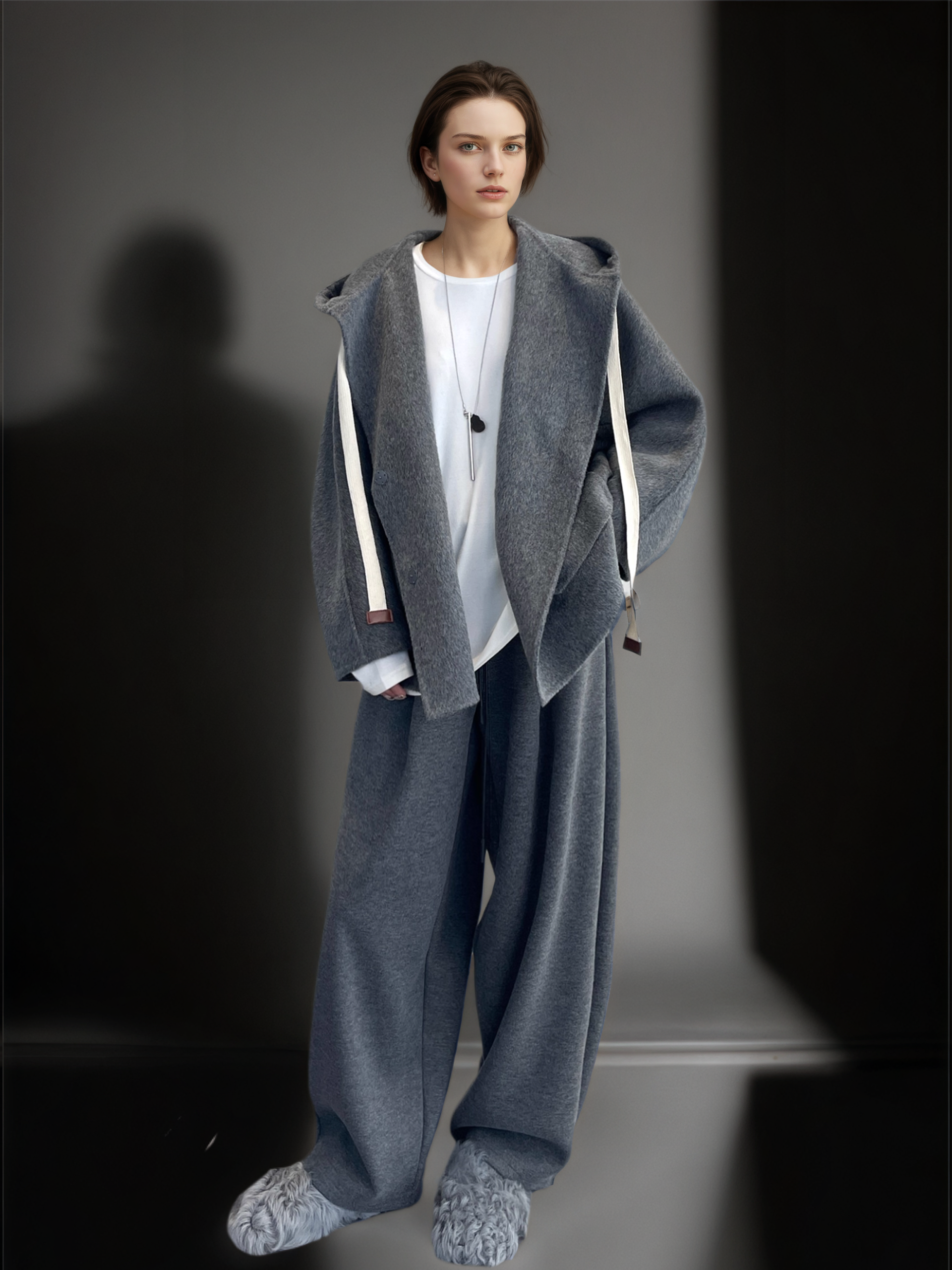 Women’s 100% Wool Hooded Coat | Loose Fit Double-Faced Woolen Cocoon Overcoat