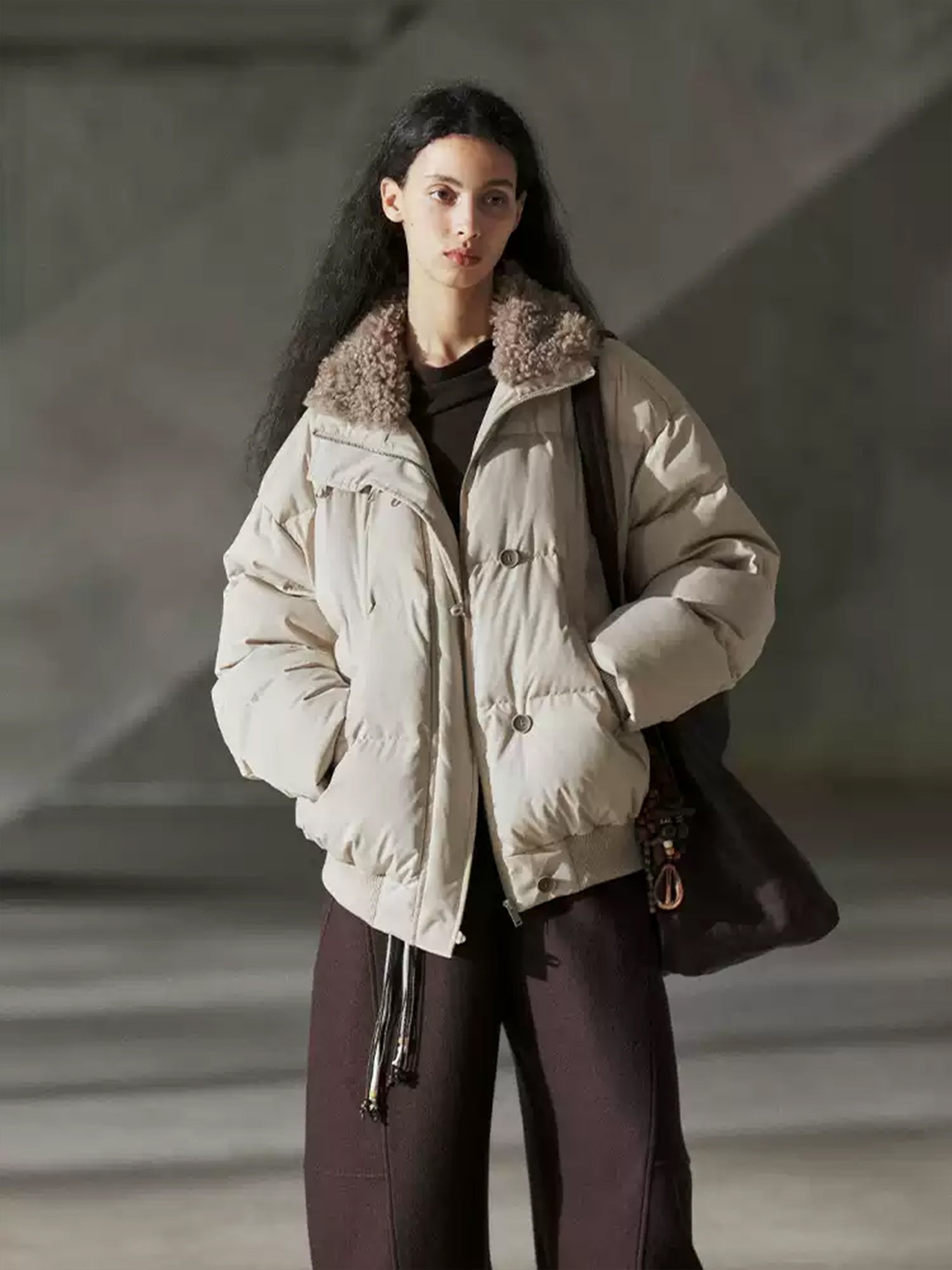 Thickened Winter Sherpa-Trim Stand Collar Down Jacket for Women – Warm Oversized Puffer Coat