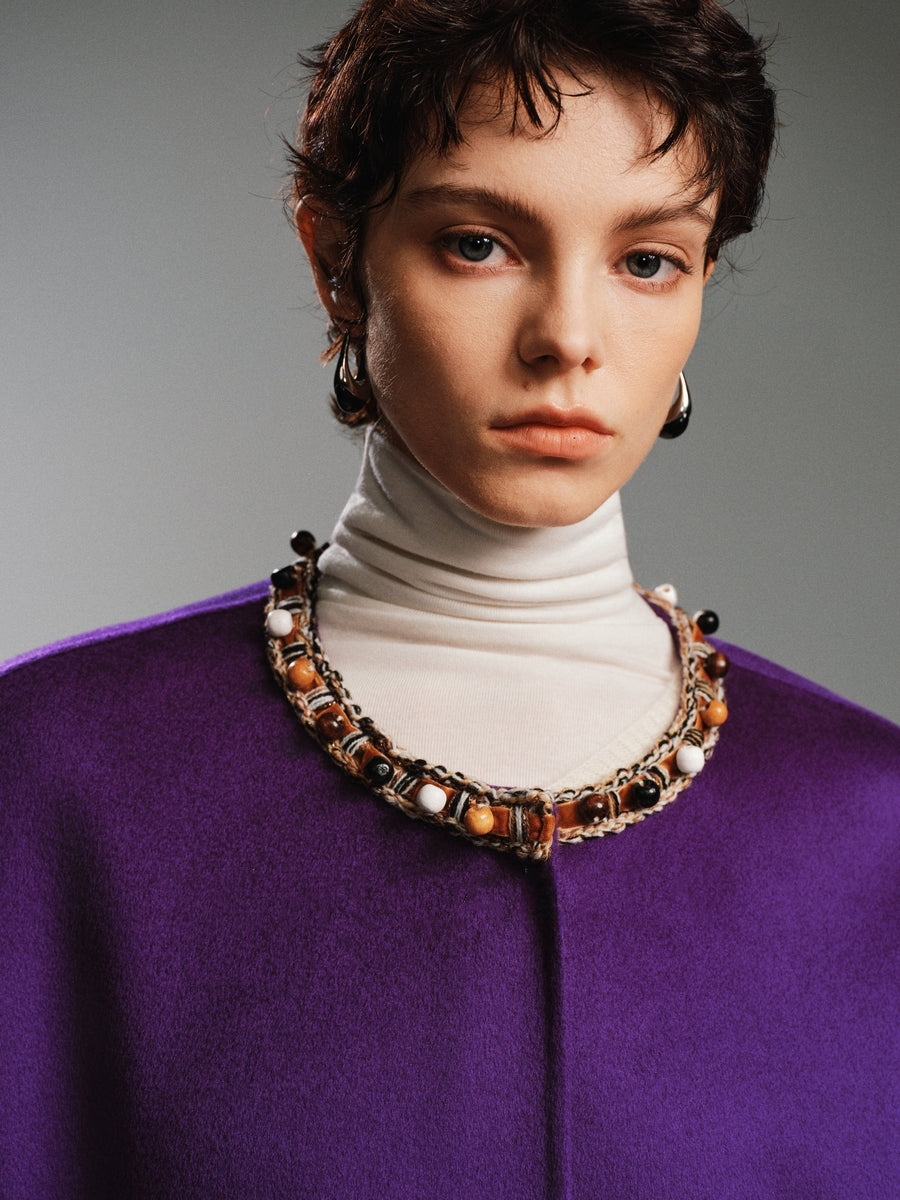 Luxury Cashmere Blend Beaded Coat | Original Designer Double-Sided Wool Overcoat for Women, Forest &amp; Deer Inspired Design