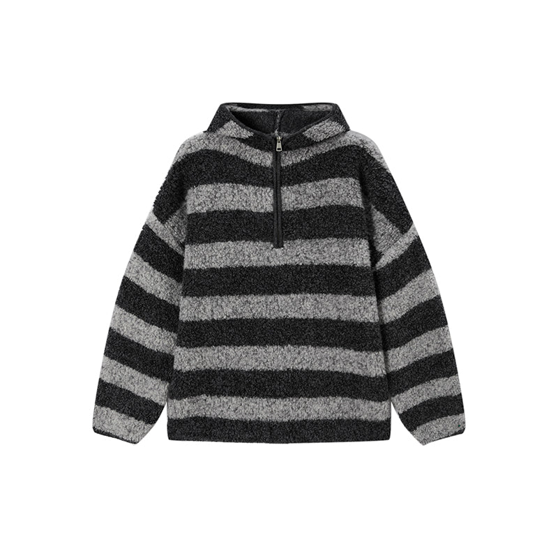 Pure Wool Hooded Striped Sweater for Women | Relaxed Half-Zip Loose-Fit Textured Knit Pullover