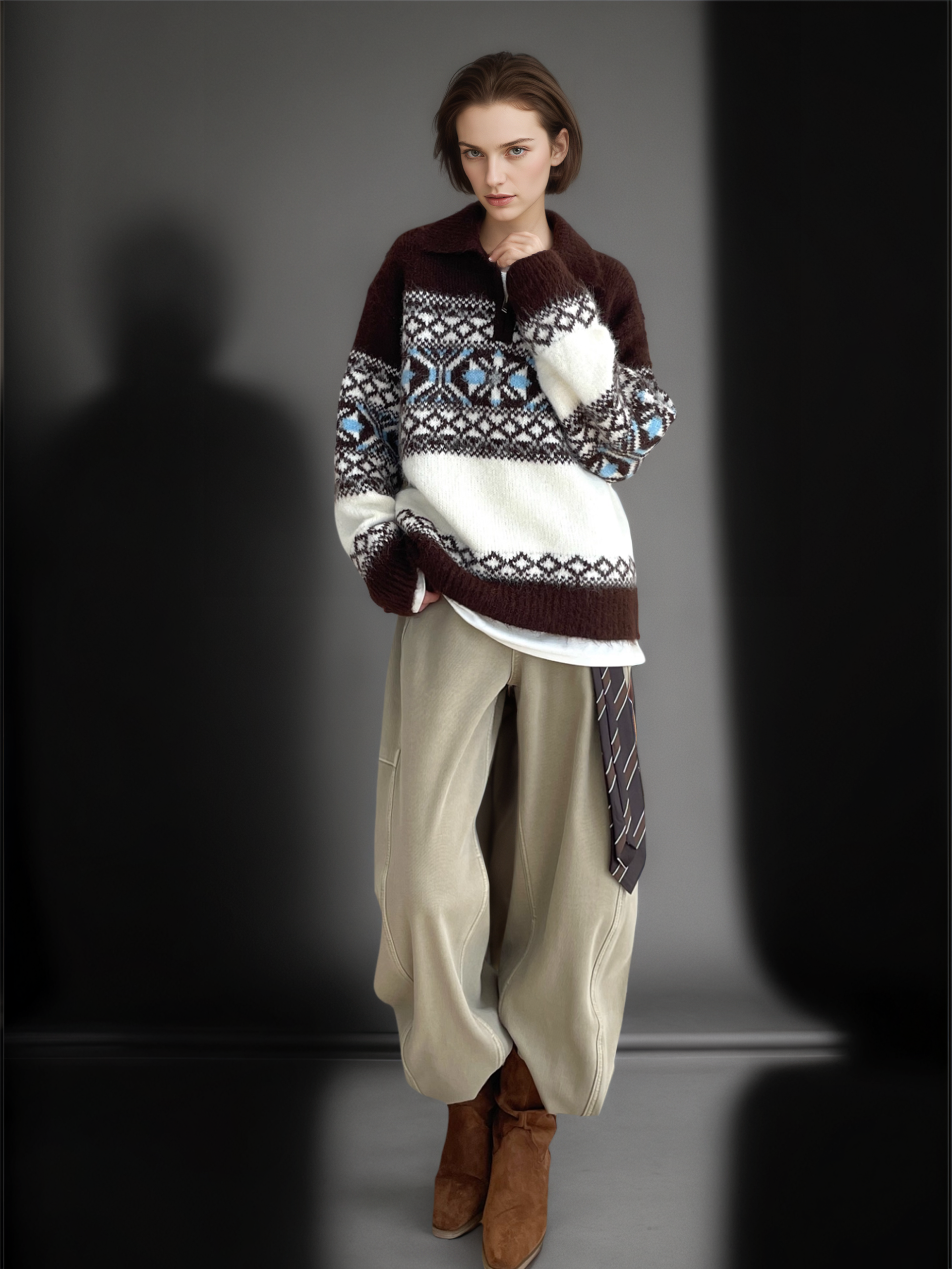 Women’s Gray-Green Fair Isle Wool Blend Sweater | Vintage Thick Knit Pullover for Fall