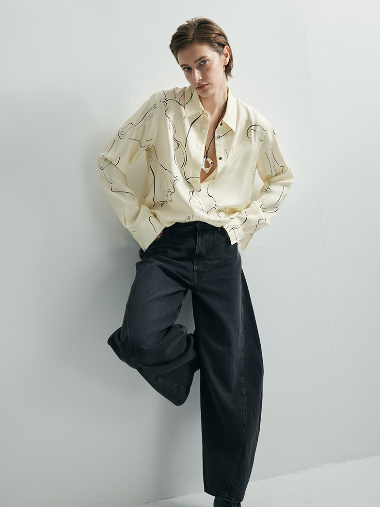 Women's Hand-Drawn Calla Lily Line Print Relaxed-Fit Silk Long-Sleeve Shirt – Mulberry Silk Office Blouse