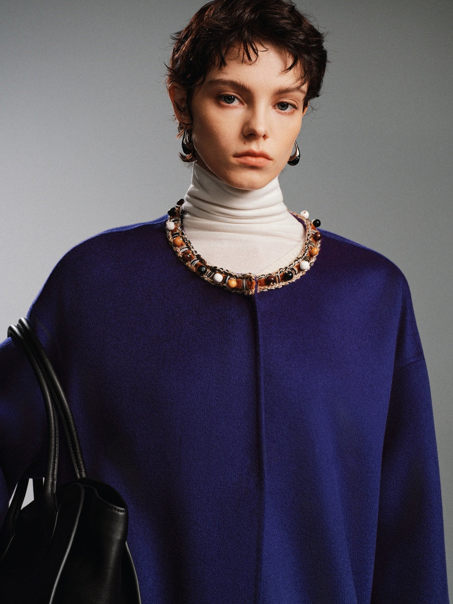 20% Cashmere Original Design Double-Faced Wool Coat for Women – Beaded Embellished Mid-Length Overcoat