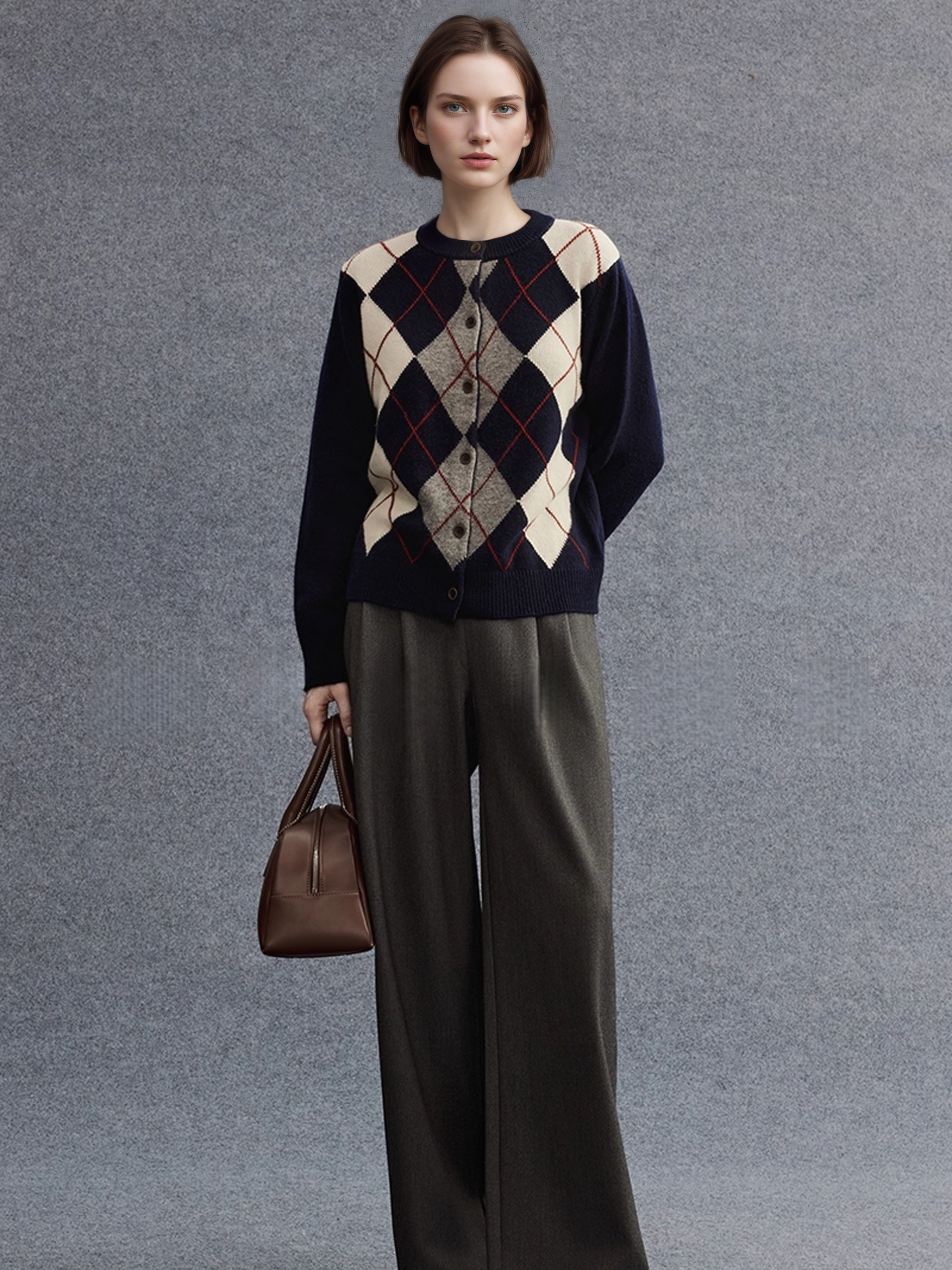 Australian Merino Wool Plaid Cardigan | Vintage Drop-Shoulder Intellectual-Style Knitwear for Women