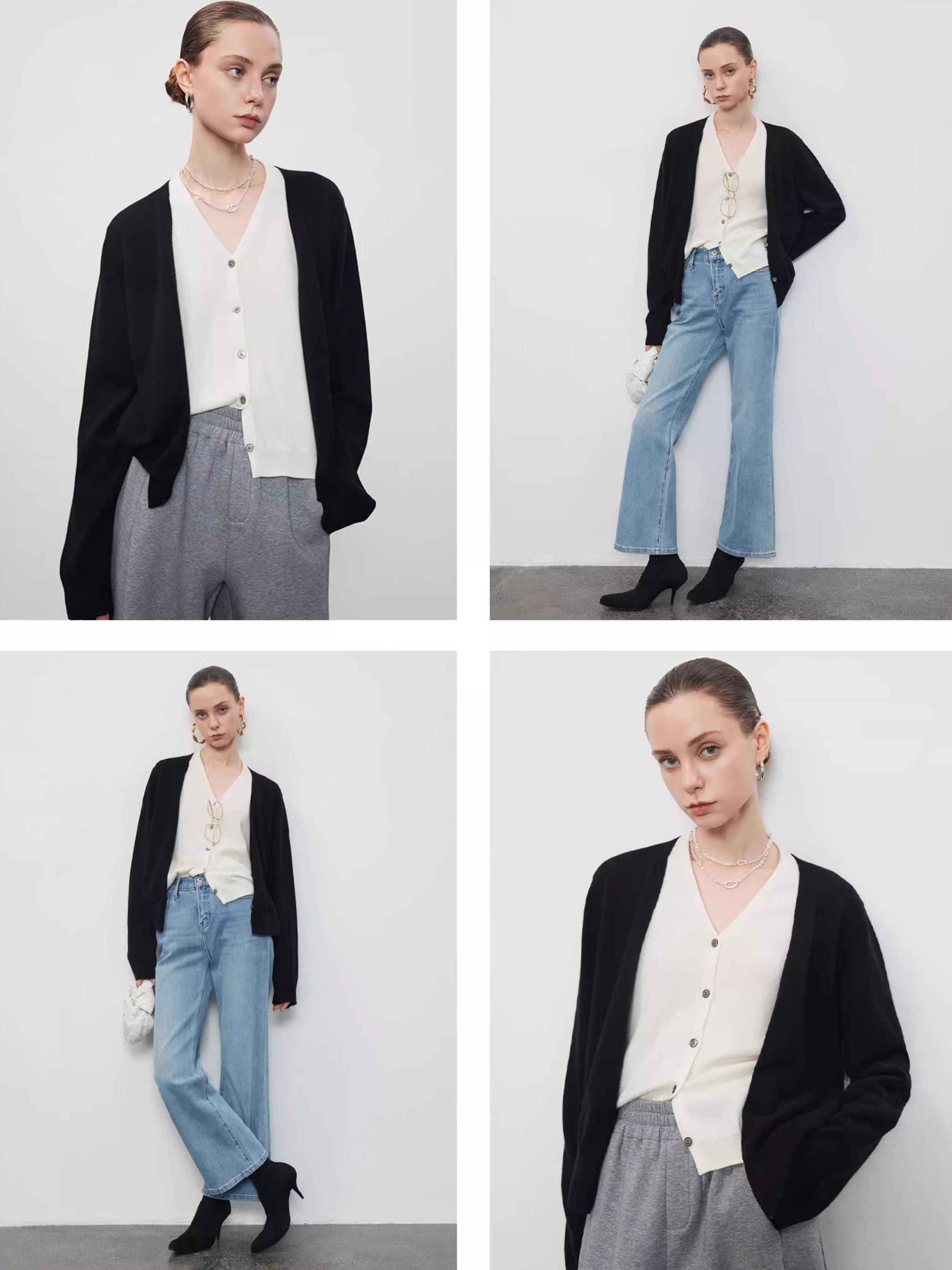 Layered V-Neck Contrast Trim Cardigan Jacket | Gray Wool Knit Unique Fall Top