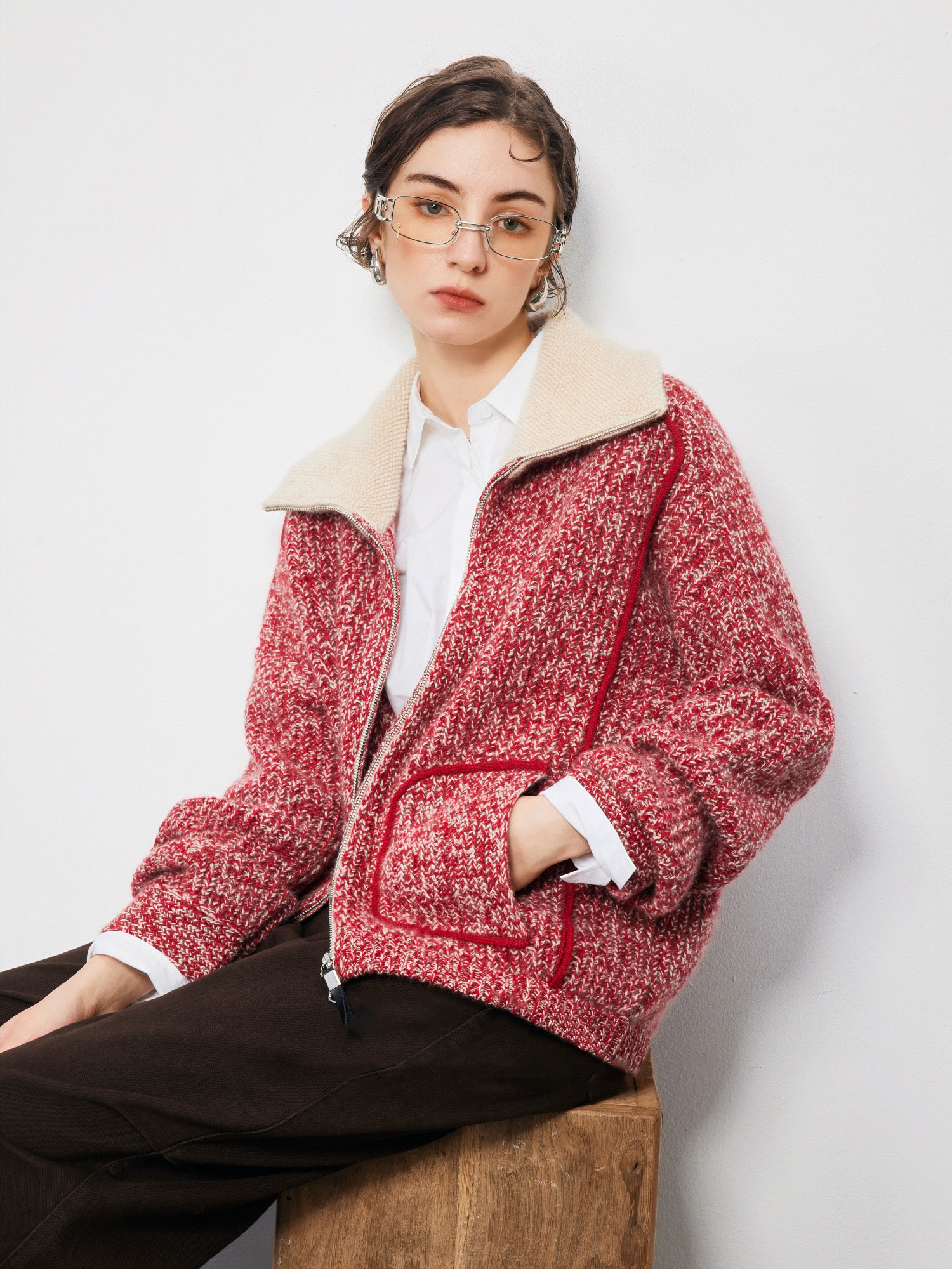 Women's Pure Cashmere Vintage Marled Zip-Up Cardigan – Relaxed Stand-Collar Knit Sweater