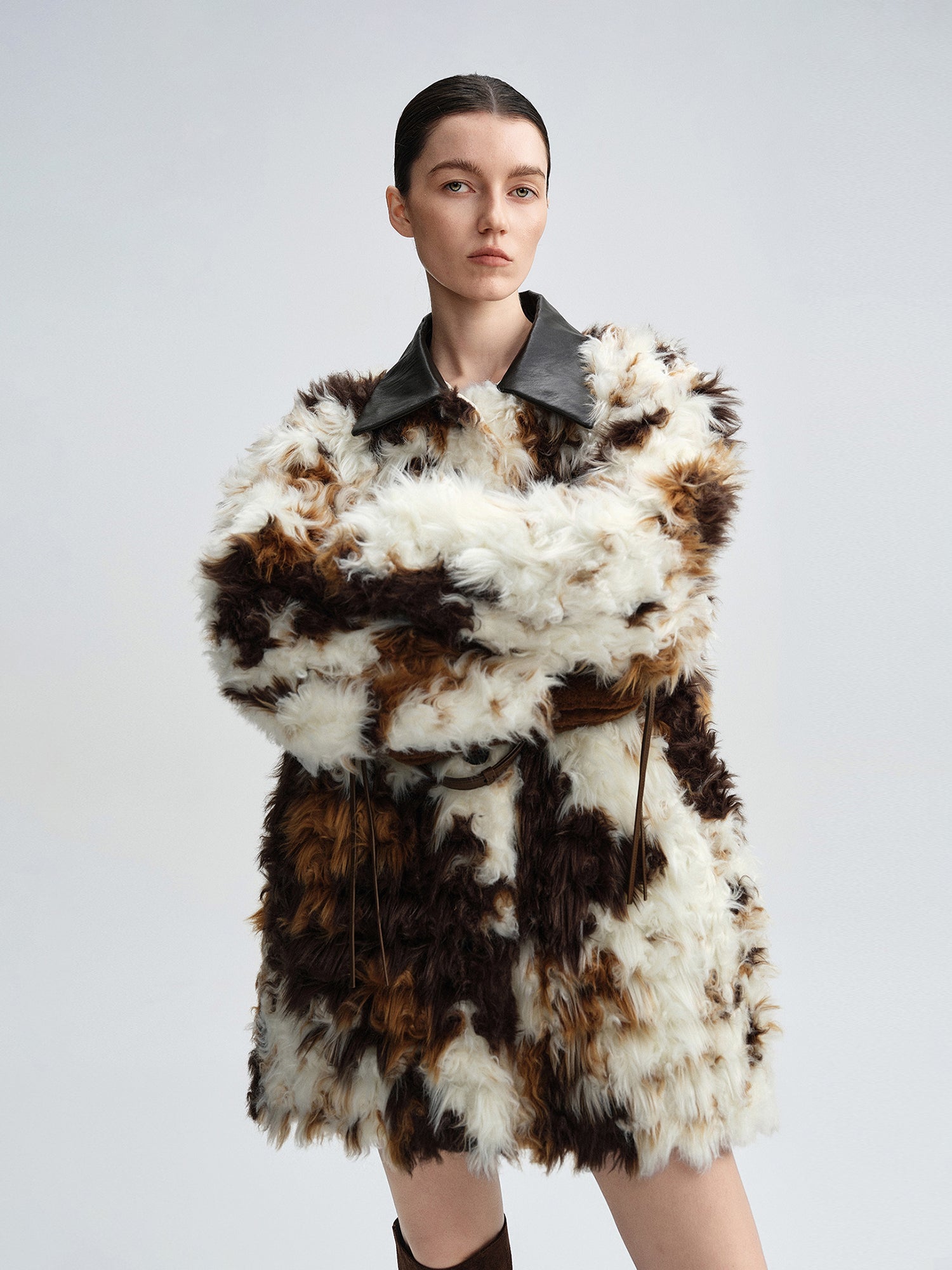 Cow-Pattern Faux Fur Coat for Women – Winter Colorblock Eco-Friendly Fur Jacket with Contrast Collar