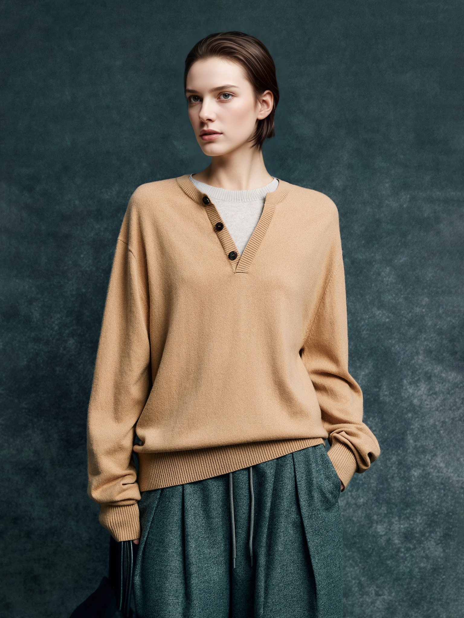 Contrast Trim Wool Cashmere Sweater for Women | Minimalist Loose Fit Ribbed Knit Top with Layered Effect