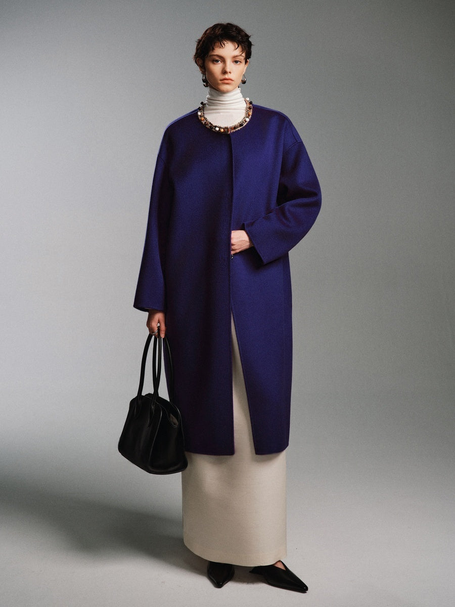 20% Cashmere Original Design Double-Faced Wool Coat for Women – Beaded Embellished Mid-Length Overcoat