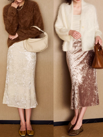 Amber Autumn Shimmer Velvet Mermaid Skirt — Retro Gold-Flecked Stretch Velvet