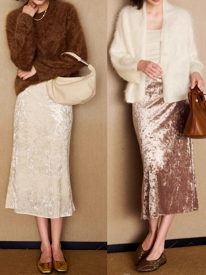 Amber Autumn Shimmer Velvet Mermaid Skirt — Retro Gold-Flecked Stretch Velvet