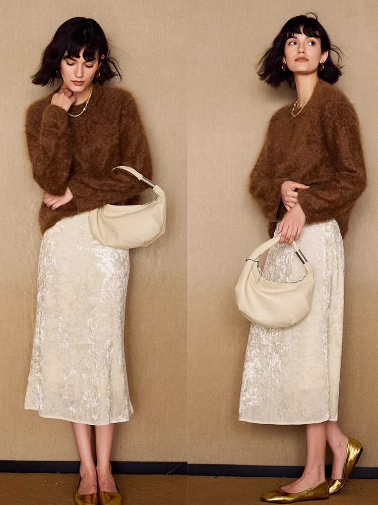 Amber Autumn Shimmer Velvet Mermaid Skirt — Retro Gold-Flecked Stretch Velvet