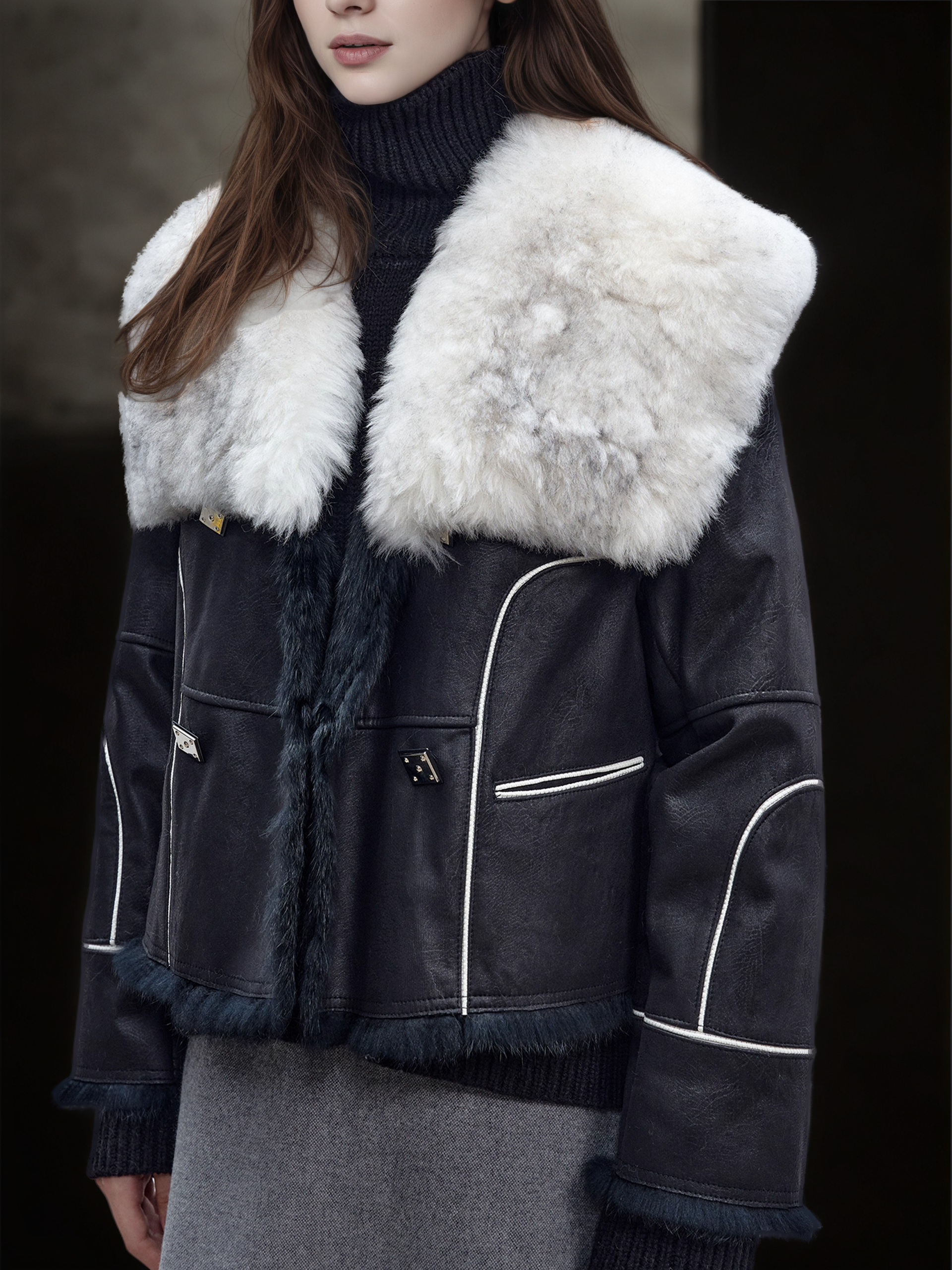 Women’s Short  Shearling Suede Coat with Wool-Blend Collar | Stylish Winter Jacket