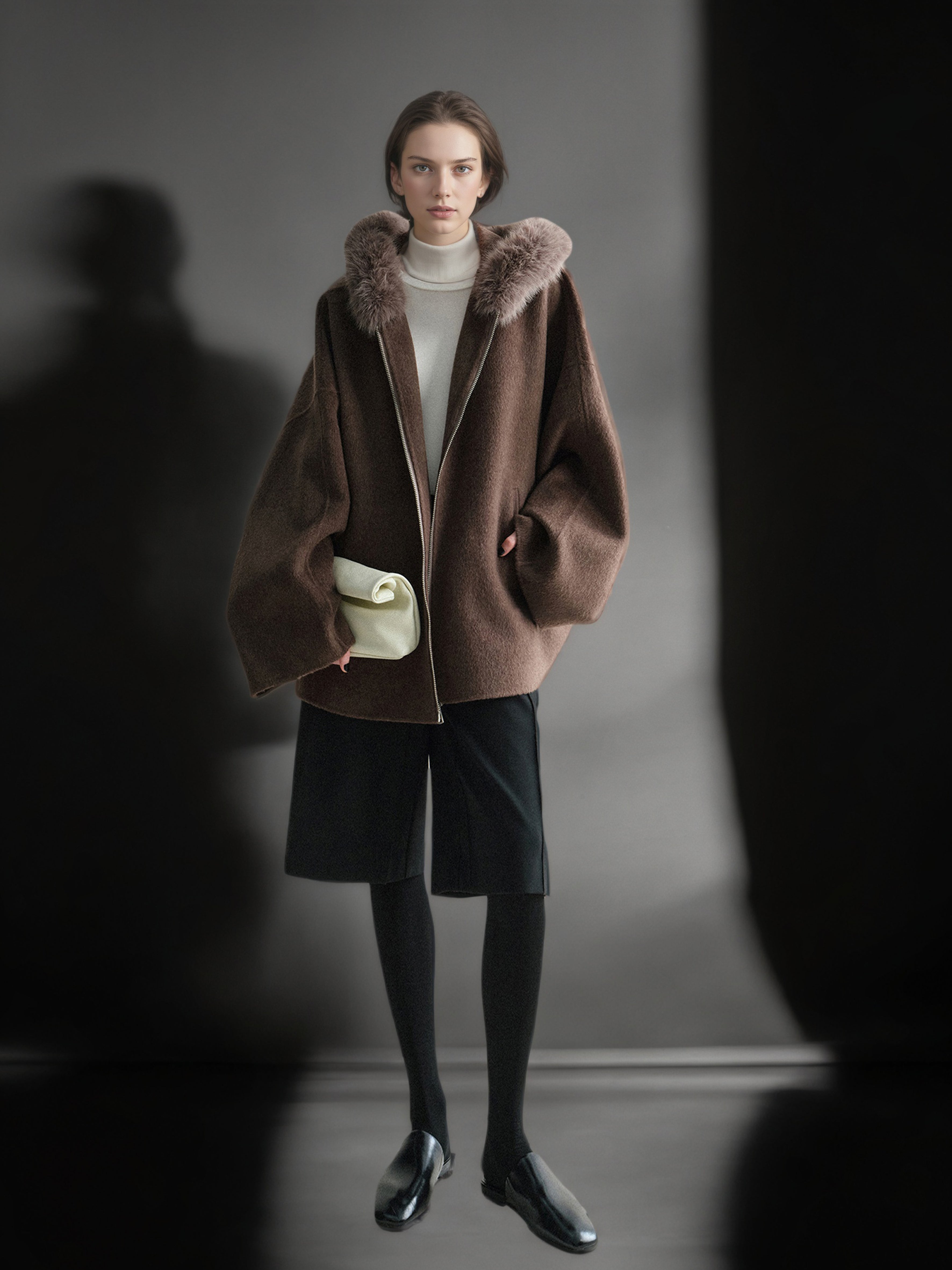 Wool Camel Hair Silk Detachable Fur Hood Cape - Women's Double-Faced Wool Coat