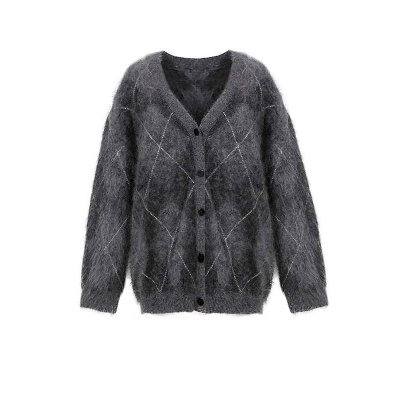 Heavyweight Brushed Knit Vintage Diamond-Pattern Cardigan for Women