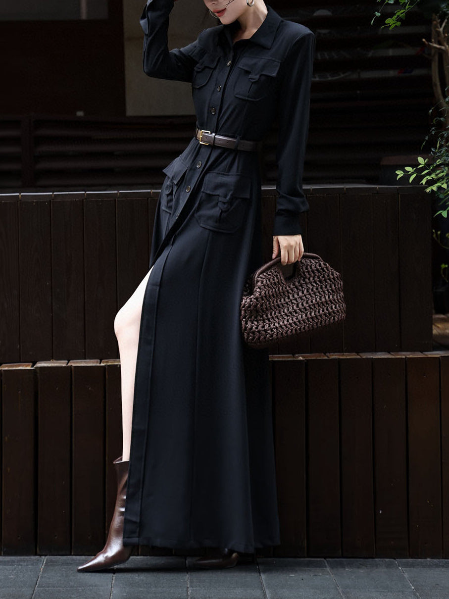 French Style Trench Coat Dress – Button Down Long Sleeve Autumn Casual Midi Dress for Women
