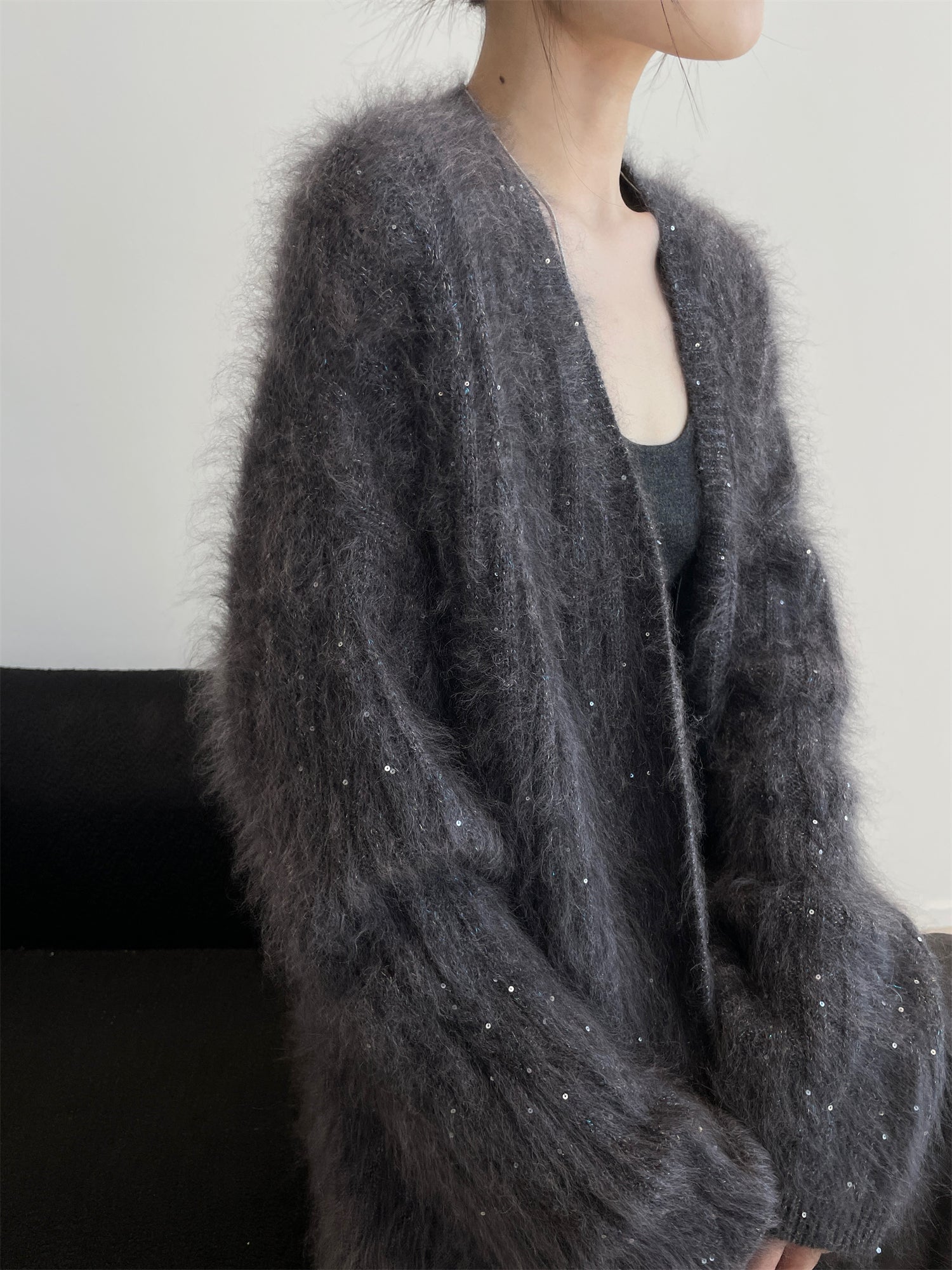 Women’s Luxury Mohair Blend Sequin Cardigan | Soft Shimmer Knit Sweater with Metallic Thread