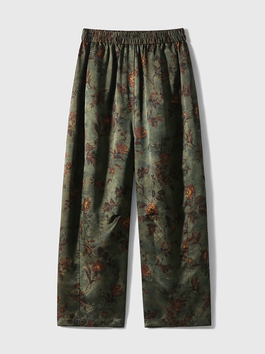 Printed Moss Flower Shadow Casual Pants – 22 Momme Mulberry Silk & Intangible Heritage Gambiered Guangdong Silk