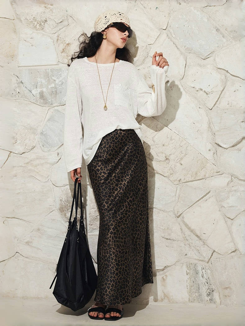 Vintage Leopard Print Skirt – 100% Mulberry Silk Crepe Satin in Bronze Tone