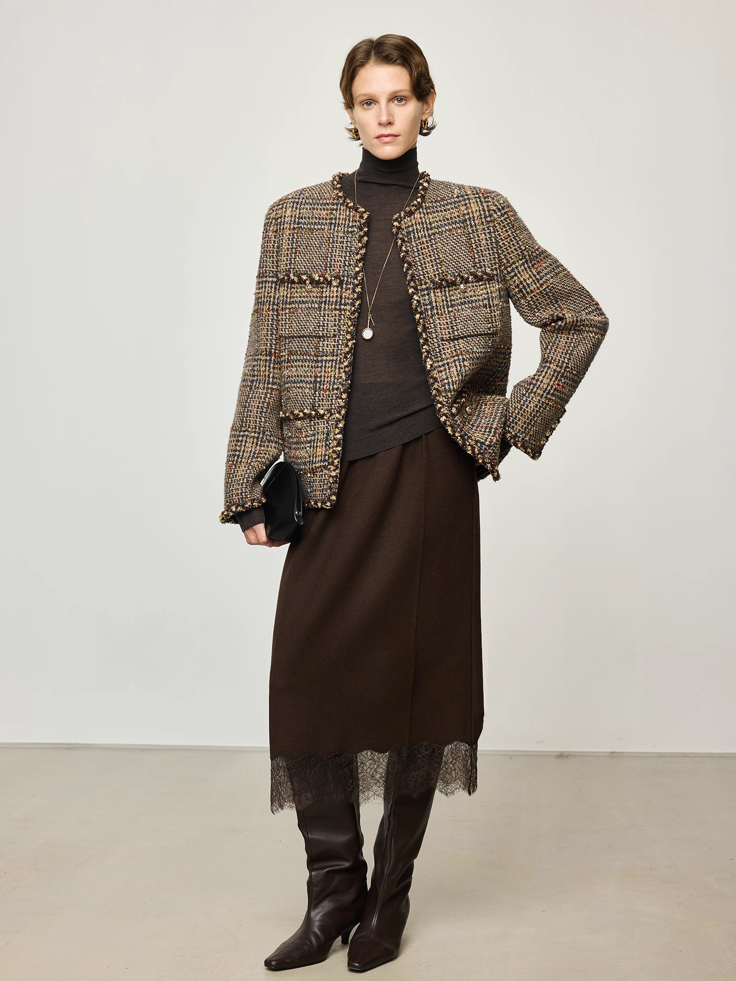 Italian VBC Wool Flannel Skirt for Women | French Lace, Elastic Waist, Straight Midi Skirt